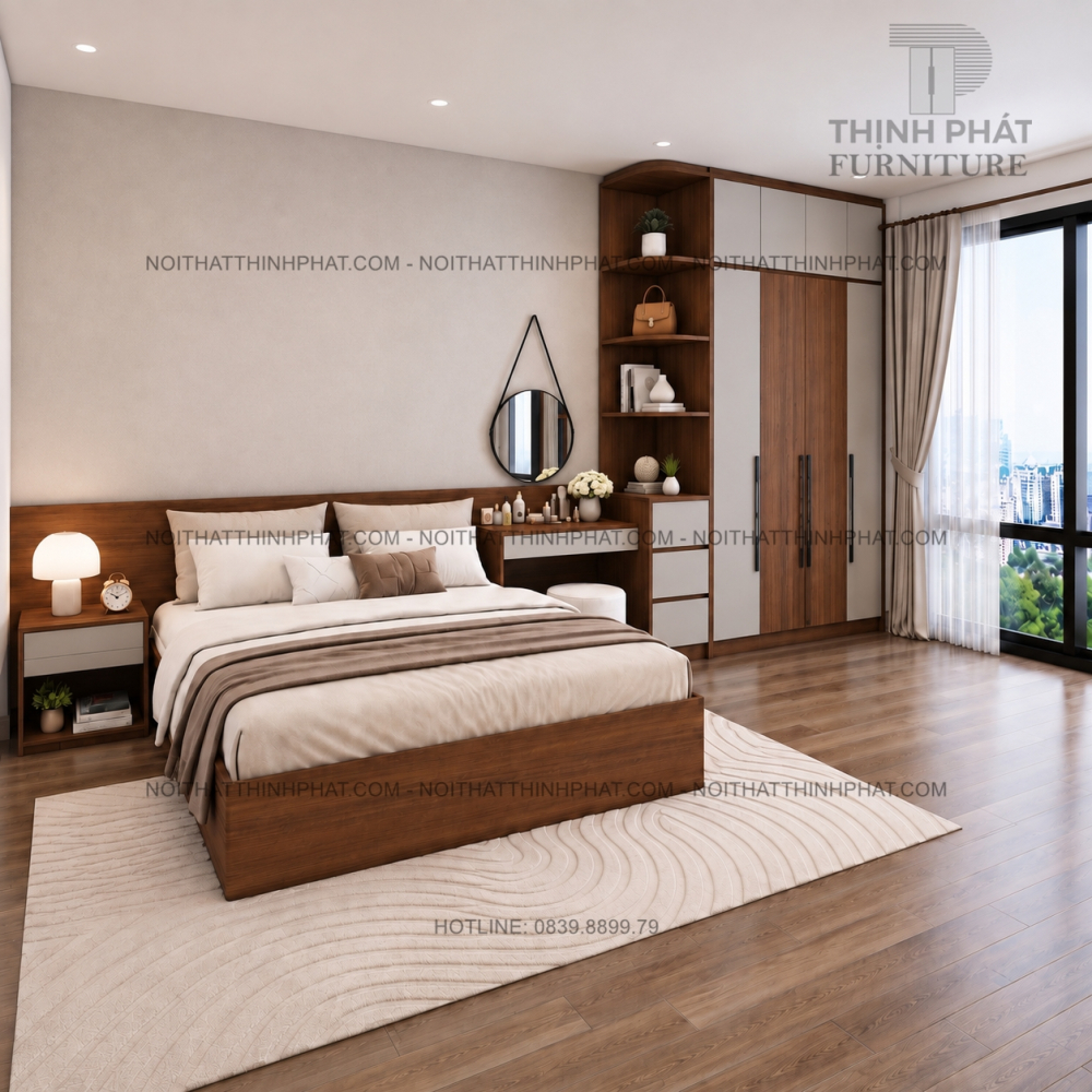 Combo Phòng Ngủ MDF Hiện Đại Tone Nâu Óc Chó Phối Xám Nhạt Có Tủ Áo Kịch Trần Kèm Kệ Trang Trí - PN13